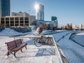 Downtown of the Yekaterinburg city with a office buildings and museums. Wooden bench Royalty Free Stock Photo