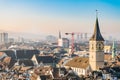Downtown of Zurich city center and famous church clock tower Royalty Free Stock Photo