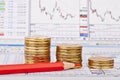 Downtrend coins stacks, red pencil, financial chart as background, red pencil. Selective focus Royalty Free Stock Photo