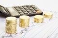 Downtrend stacks of coins, a calculator on the financial chart. Royalty Free Stock Photo