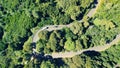 Downward aerial view of a beautful windy road across a forest Royalty Free Stock Photo