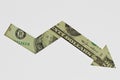 Downward arrow made of dollar banknotes on white background - Concept of downward trend of dollar currency