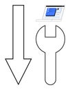 Digital troubleshooting concept with downward arrow, wrench, and laptop screen interface Royalty Free Stock Photo