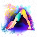 Downward facing dog Adho mukha svanasana illustration.Colorful watercolor background.Vector illustration