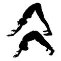 Downward-facing dog Adho Mukha Svanasana position, yoga exercise. Vector silhouette woman and child isolated white. Mom and son Royalty Free Stock Photo