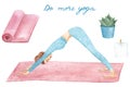 Downward facing dog yoga pose asana Adho mukha svanasana. Watercolor hand drawn set with woman doing yoga or pilates exercise