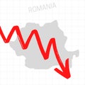 Romania map with falling arrow. Financial stagnation, recession, crisis, business crash, stock markets down, economic collapse. Royalty Free Stock Photo