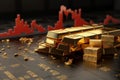 Downward trend gold investment, bullion with 3D rendered falling arrow