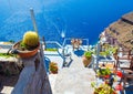 Steps to a small terrace with amazing view of Caldera Santorini Greece Royalty Free Stock Photo
