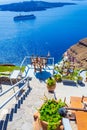 Steps to a small terrace with amazing view of Caldera Santorini Greece Royalty Free Stock Photo