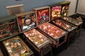 Downward view of vintage 70s-90s pinball machines