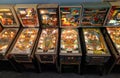 Downward view of vintage 50s-70s pinball machines