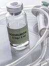 Doxorubicin Vial is a drug widely used in medical cancer chemotherapy on a tray in a laboratory