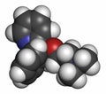 Doxylamine antihistamine drug molecule. Also used as over-the-counter (OTC) sedative. Atoms are represented as spheres with