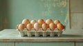 Dozen brown eggs in a carton on a rustic wooden table. Royalty Free Stock Photo
