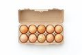 Open carton of brown eggs on white background. AI image Royalty Free Stock Photo