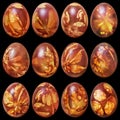 Dozen Colorful Red Dyed Easter Eggs Hand Painted And Decorated With Weed Leaves Imprints Isolated On Black Background