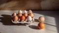 A dozen eggs rest in a cardboard with top view