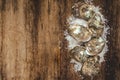 Dozen fresh oysters on the wooden and sea salt. Top view