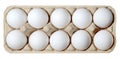 A dozen white chicken eggs in a carton. White isolated background.
