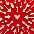 Dozens of arrows pointing at a single heart. Romantic concept with arrows as signals for romance