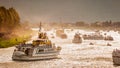 Dozens of boats on the river Neretva with several thousand spectators watch the traditional boat marathon in Metkovic, Croatia