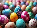 Dozens of colorful easter eggs in straw nest