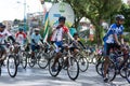 Dozens of cyclists are seen at the start of the tour through the streets of the city of Salvador