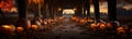 Rows of Halloween and fall pumpkins in a rustic barn scene on Hallows Eve - generative AI