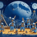 dozens of rabbits wearing spacesuits, building a large construction illustration