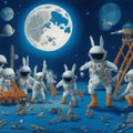 dozens of rabbits wearing spacesuits, building a large construction illustration