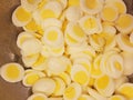 Dozens of sliced eggs for egg salad sandwiches at the soup kitchen, feeding the hungry