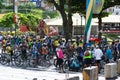 Dozens of sports cyclists are seen waiting for the start of the tour through the streets of the city of Salvador