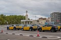04.08.2023. Barcelona, Spain, dozens of taxis waiting for clients at the exit of Barcelona Sants station and a driver standing