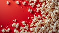 Popcorn spilled out onto a red background. Created using ai generative.