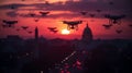 Dozens of UAV Unmanned Aircraft Drones Flying Near The United States Capitol At Sunset