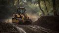 Dozer during clearing forest for construction new road. Bulldozer at forestry work on sunset background Royalty Free Stock Photo