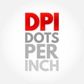 DPI - Dots Per Inch is a measure of spatial printing or image scanner dot density, acronym technology concept background