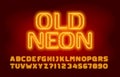 Old Neon alphabet font. Glowing yellow neon color letters and numbers. Royalty Free Stock Photo