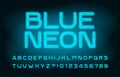 Blue Neon alphabet font. Glowing neon color letters and numbers. Abstract background. Royalty Free Stock Photo