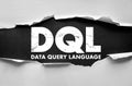 DQL Data Query Language text with rough typography in ripped paper effect. Database and coding-related abbreviation displayed for Royalty Free Stock Photo