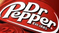 Dr. Pepper carbonated soft drink logo on a aluminum can rolling in, object macro, detail, extreme closeup. Sweet sugary drink