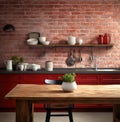 of a drab kitchen with red brick walls and a wooden table