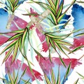 Dracaena marginata tricolor. Watercolor background illustration set. Seamless background pattern.
