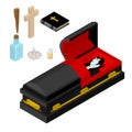 Dracula in coffin. Vampire Count in black casket. Anti vampires