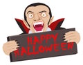 Dracula holding Happy Halloween board