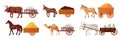 Draft animals cart. Yoke oxen pulling carts, village horse farm power cattle for work, indian bull historical medieval