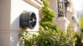 Clean Black Plastic Draft Inducer Housing Mounted on a White Wall Surrounded by Green Plants in a High-End Architectural Royalty Free Stock Photo