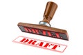 Draft stamp. Wooden stamper, seal with text draft, 3D rendering Royalty Free Stock Photo