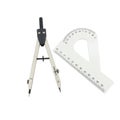 A drafting compass with a black handle next to a white plastic protractor on a white surface Royalty Free Stock Photo